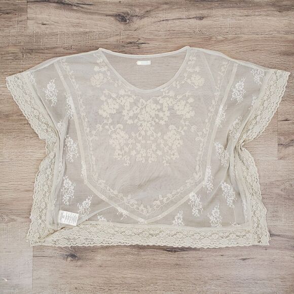 Sheer Mesh Lace Trim Flutter Sleeve Top M Coquette Fairy Whimsical Boho Feminine - Picture 8 of 13